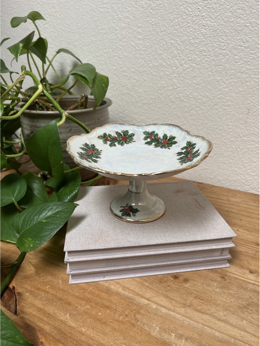 Mid Century UCAGCO Christmas Holiday Pedestal Dish Holly Berries Lusterware